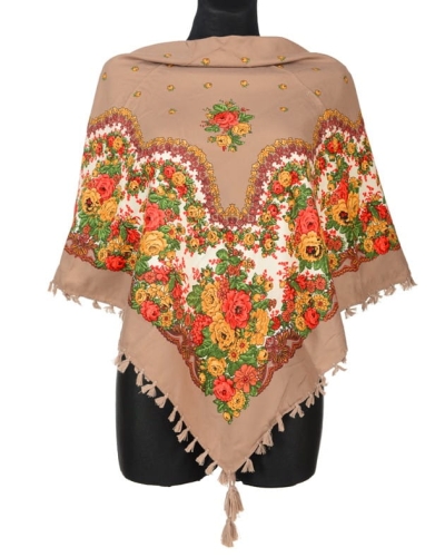 Brązowa chusta folk w czerwone róże