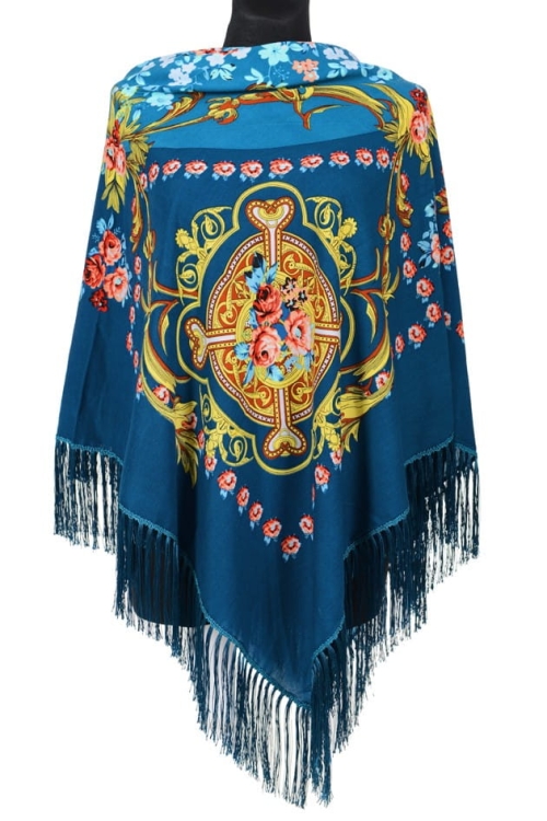 Wzorzysta tradycyjna chusta 130x130 morska z medalionem