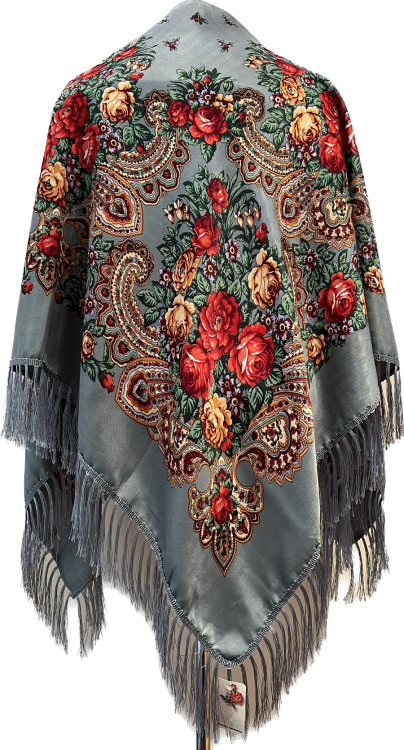 Ludowa chusta w kwiaty 130x130 wełna szara w czerwone róże