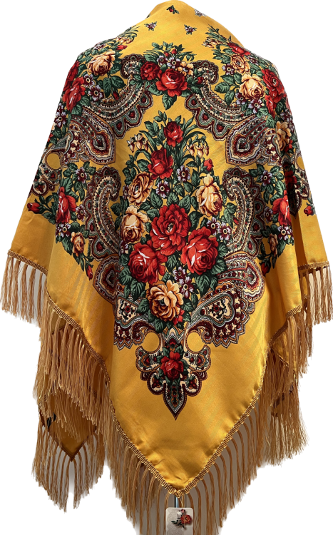 Ludowa chusta w kwiaty 130x130 wełna żółta w czerwone róże