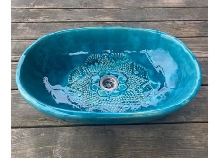 Owalna umywalka nablatowa z koronką turkusowa rękodzieło 50,5x35cm