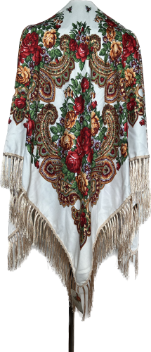 Etniczna chusta w kwiaty 130x130 wełna biała w bordowe róże