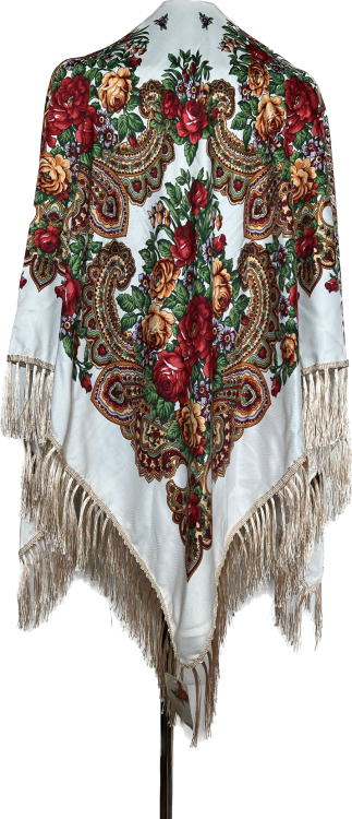 Etniczna chusta w kwiaty 130x130 wełna biała w bordowe róże