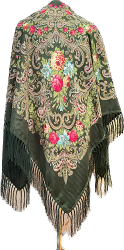 Folk chusta w kwiaty 130x130 wełna zielona