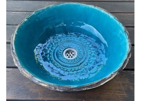 Duża turkusowa umywalka z przetarciami 40 cm