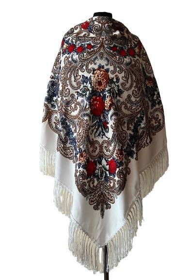 Słowiańska tradycyjna chusta 130x130 wełna biała w niebieskie wzory