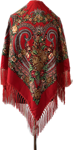 Słowiańska wzorzysta chusta w kwiaty 110x110 czerwień