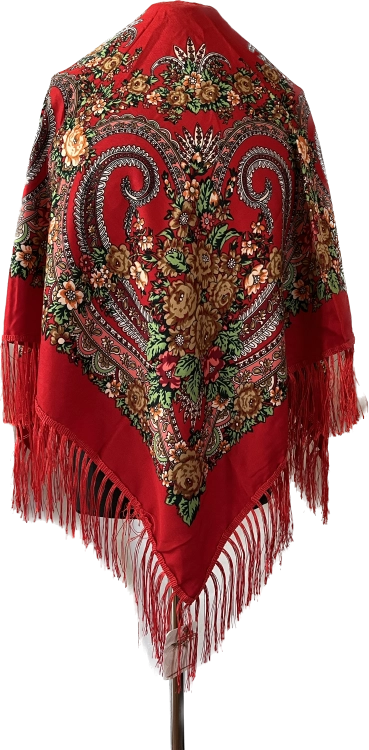 Słowiańska wzorzysta chusta w kwiaty 110x110 czerwień