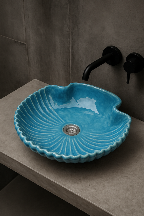 Duża ceramiczna umywalka muszla niebieska