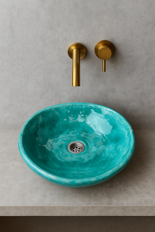 Ceramiczna umywalka nablatowa ręcznie robiona turkusowa
