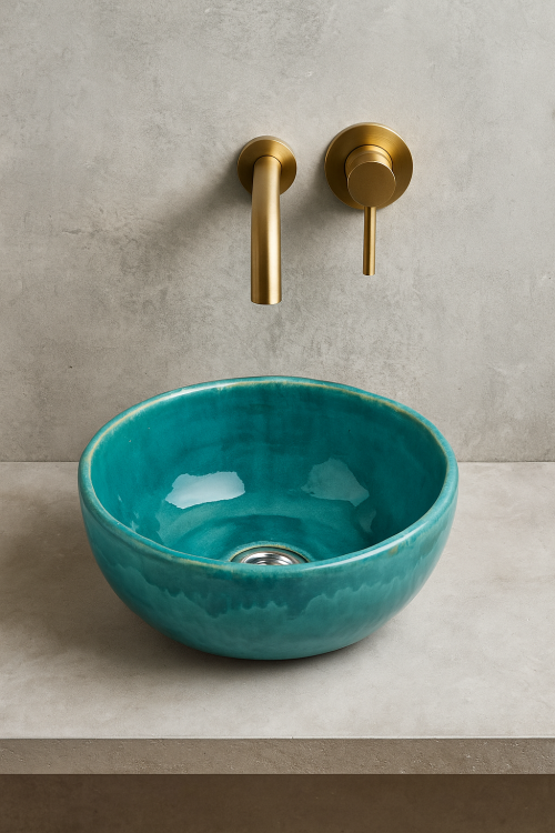 Ceramiczna umywalka nablatowa ręcznie robiona turkusowa