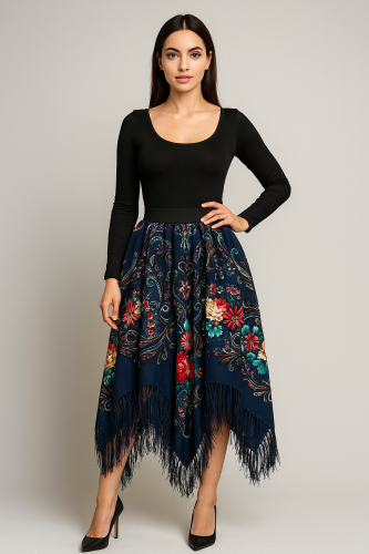 Góralska spódnica etno z chusty wełnianej granat