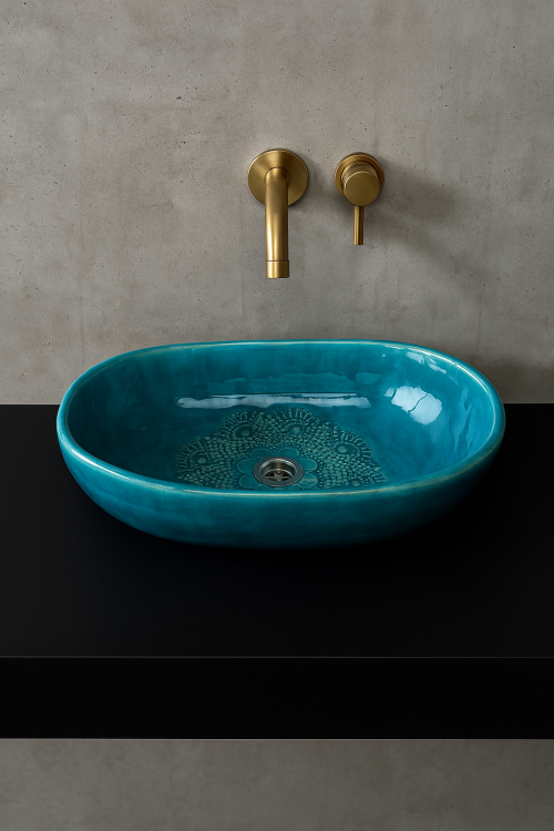 Owalna umywalka nablatowa z koronką turkusowa rękodzieło 50,5x35cm