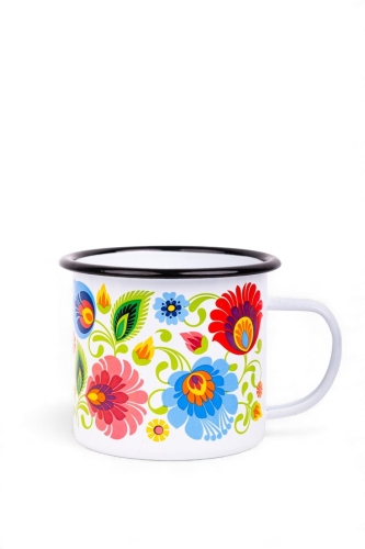 Kubek emaliowany biały kwiaty łowickie Janek