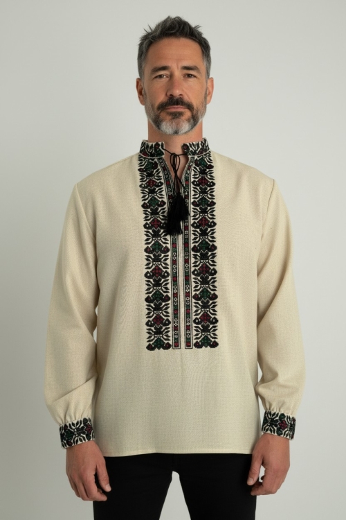 Kremowa koszula męska słowiańskie wzory folk