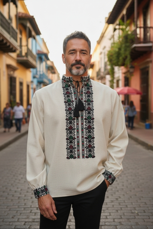 Kremowa koszula męska słowiańskie wzory folk