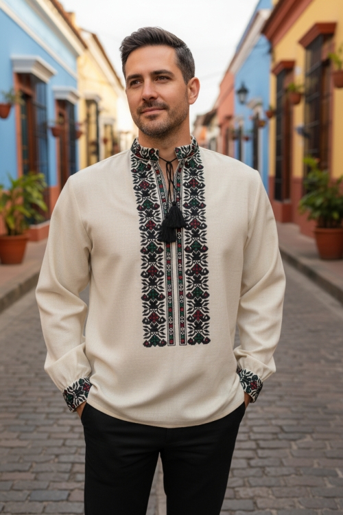 Kremowa koszula męska słowiańskie wzory folk