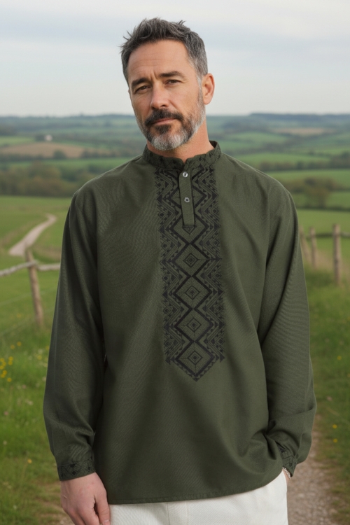 Zielona koszula męska słowiańskie wzory folk