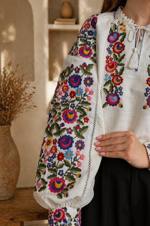 Lniana folkowa bluzka z kwiatami etno