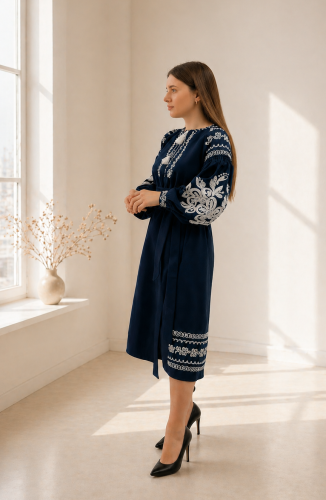 Granatowa folkowa sukienka hafty len