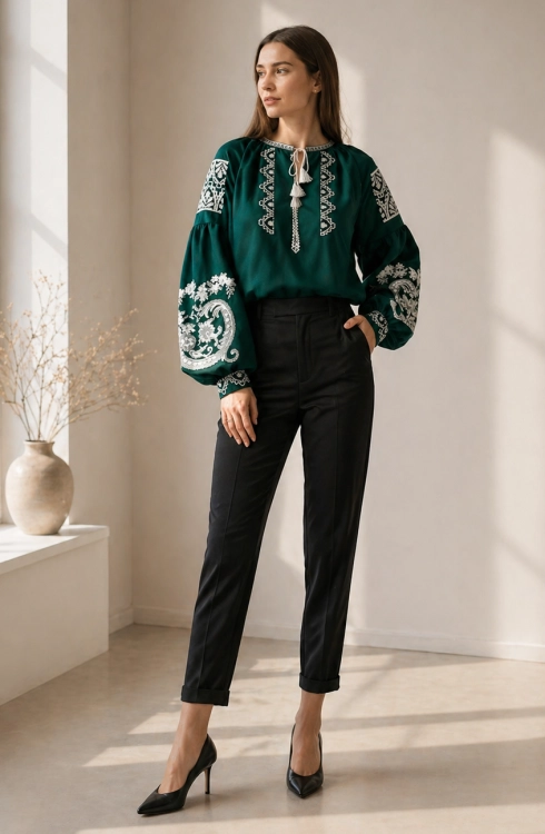Zielona bluzka z haftami etno