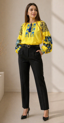 Żółta bluzka z haftem fiołki ażur