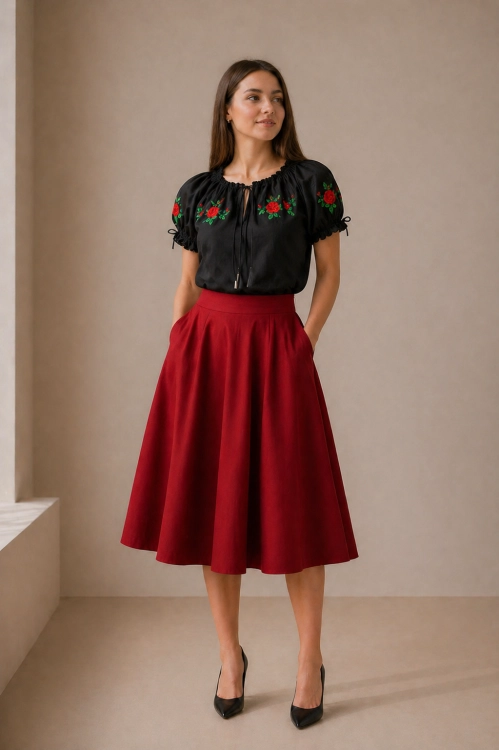 Tradycyjna czarna ludowa bluzka z haftami hiszpanka