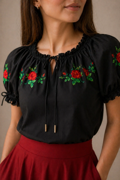 Tradycyjna czarna ludowa bluzka z haftami hiszpanka