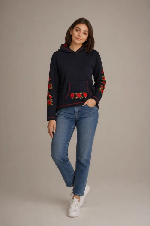 Granatowa bluza z kapturem ludowe hafty