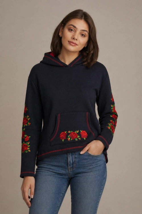 Granatowa bluza z kapturem ludowe hafty