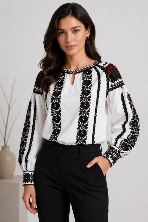 Haftowana bluzka w kwiaty z koronką