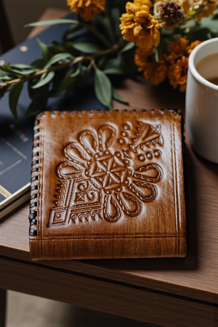 Męski skórzany portfel zdobiony rękodzieło parzenica