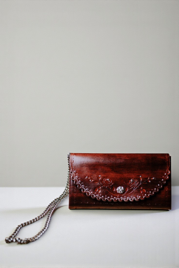 Torebka skórzana kopertówka ręcznie robiona róża 